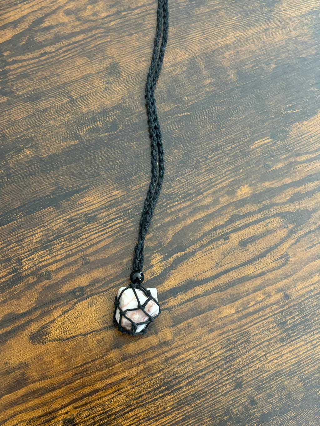 Woven Rope Necklace Black- Cloudy Rose and Black veined Quartz