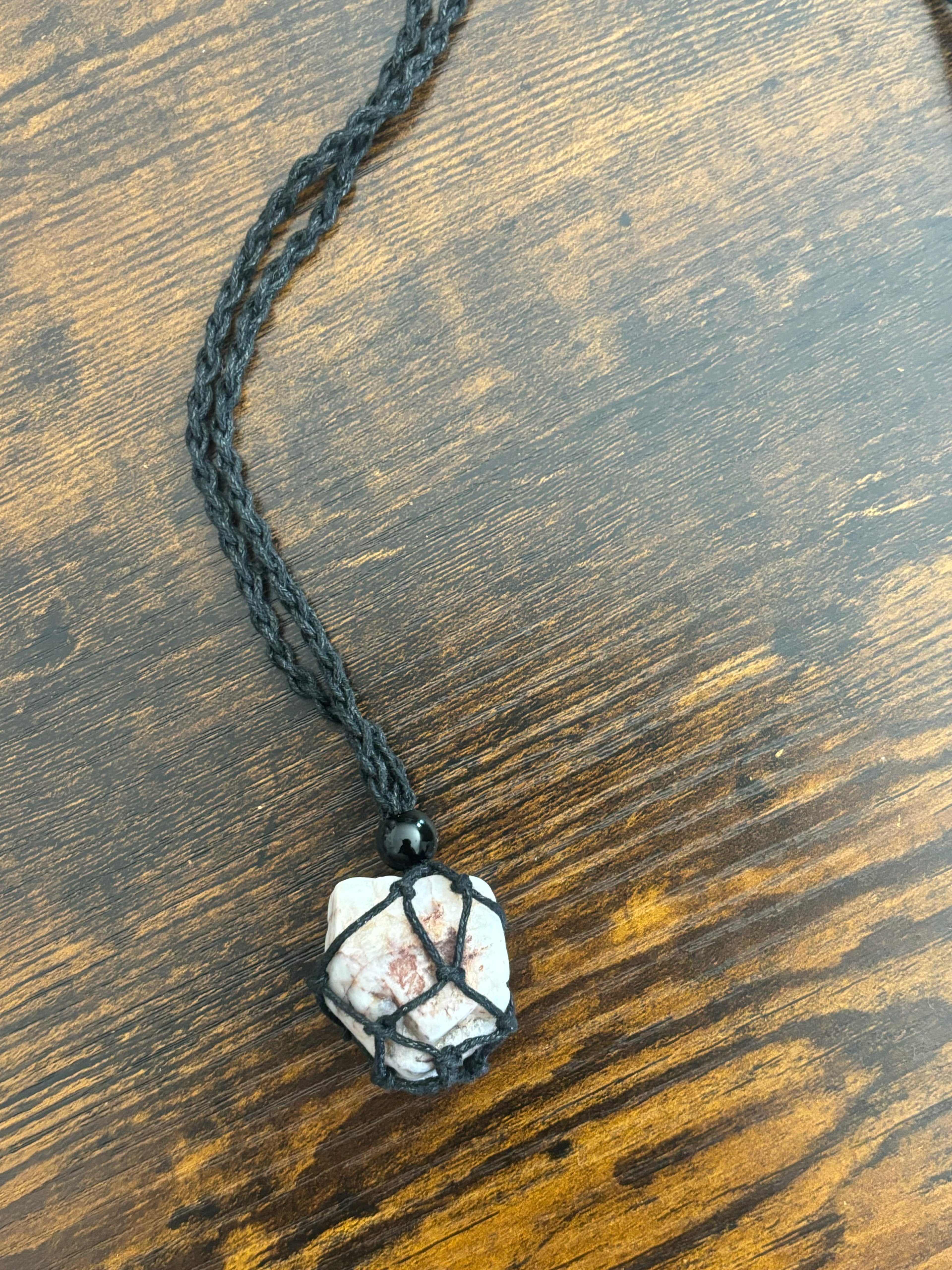Woven Rope Necklace Black- Cloudy Rose and Black veined Quartz