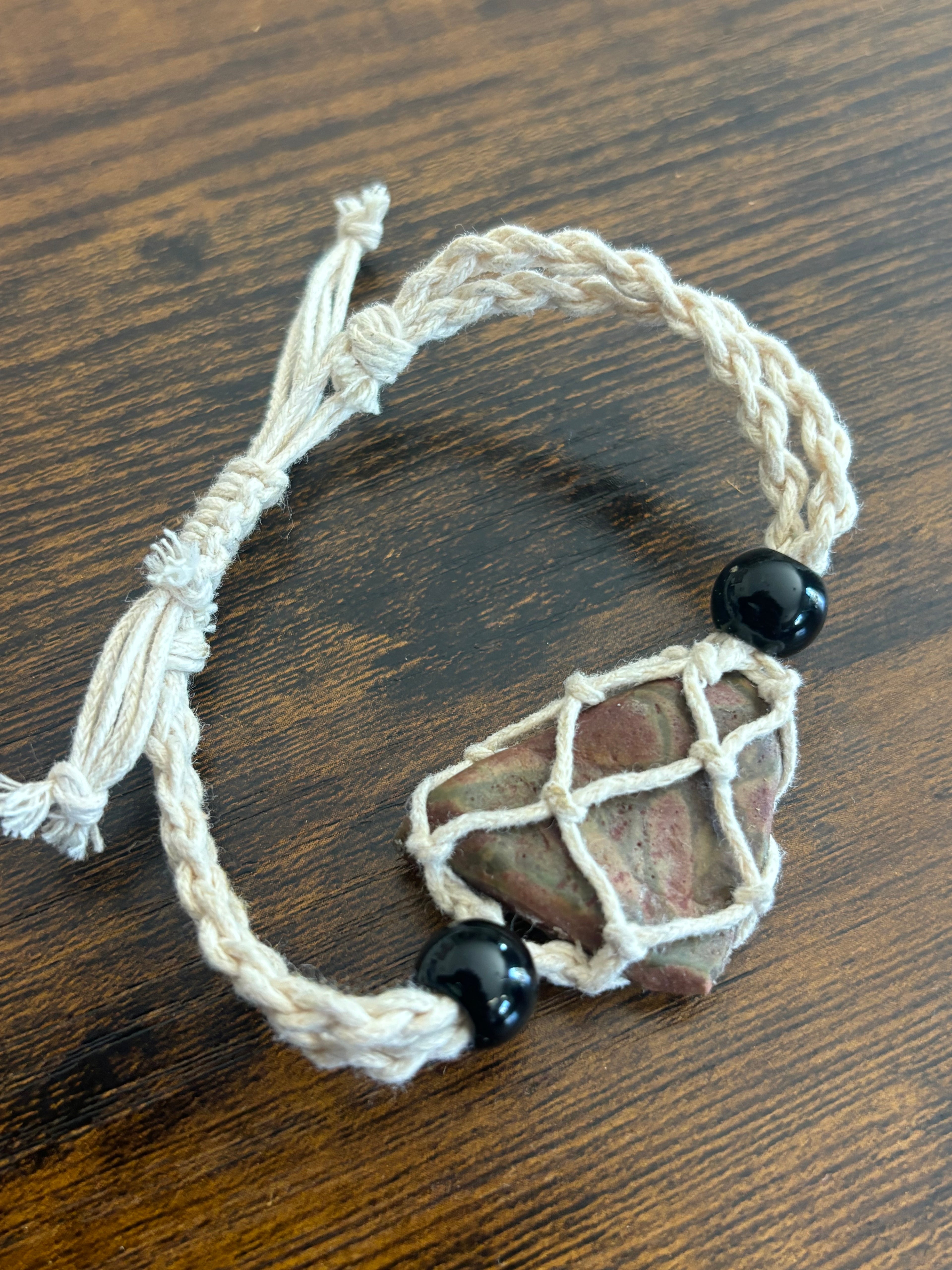 Woven Rope Bracelet White- Serpentine matrix Green Jade