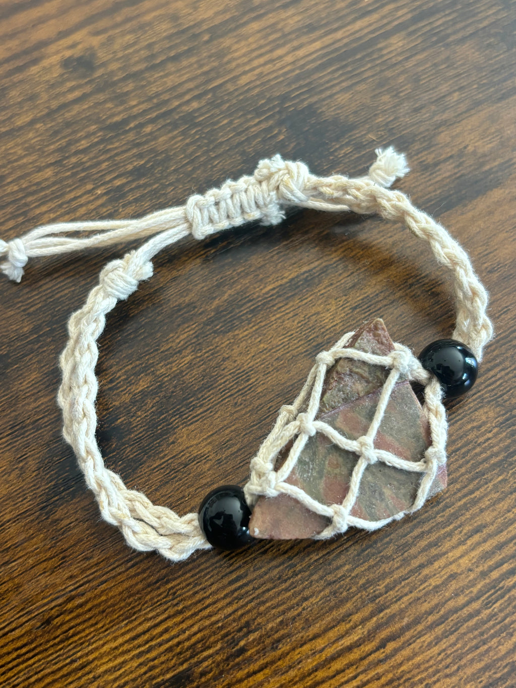Woven Rope Bracelet White- Serpentine matrix Green Jade