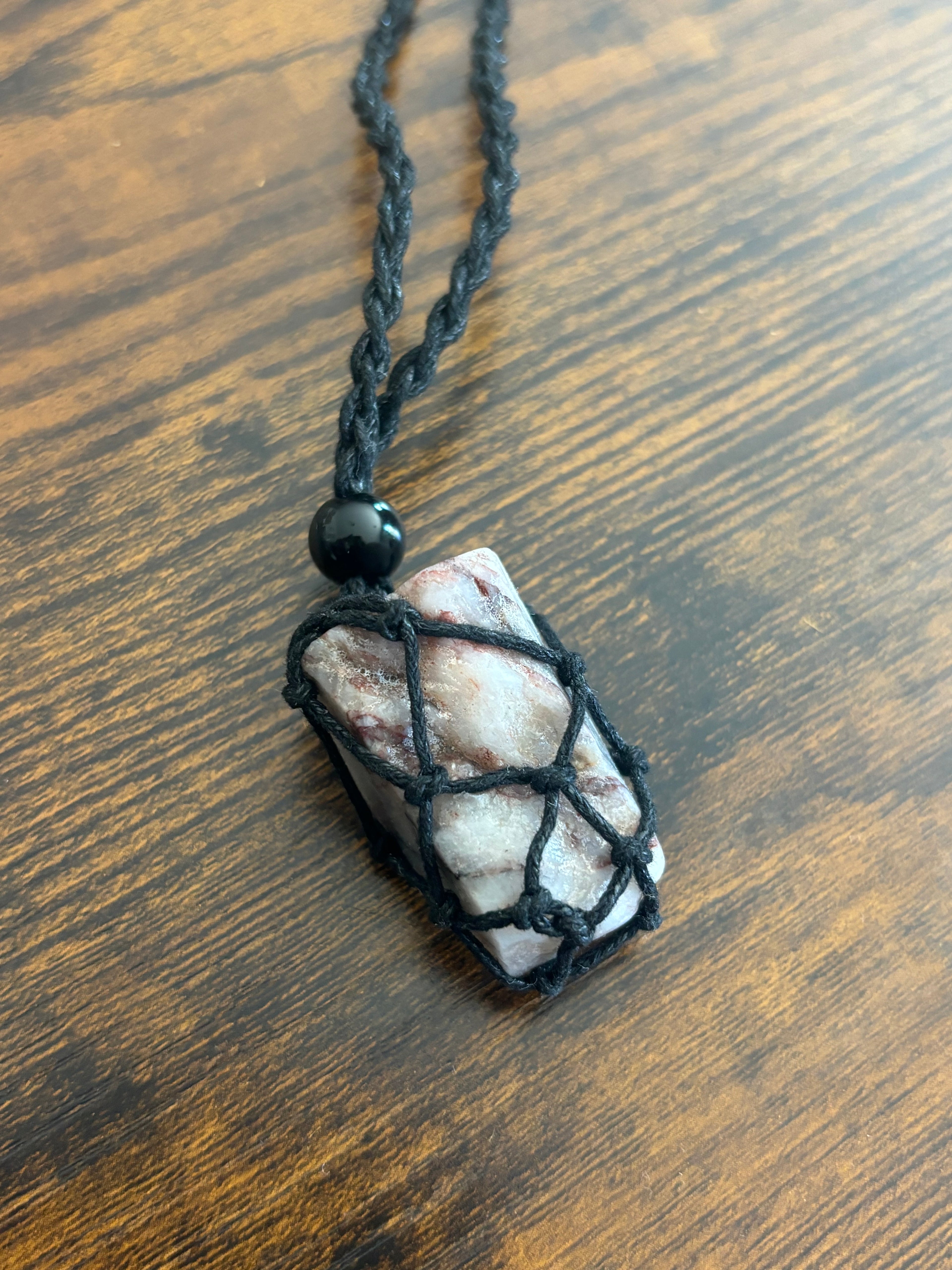 Woven Rope Necklace Black- Cloudy Rose and Black veined Quartz