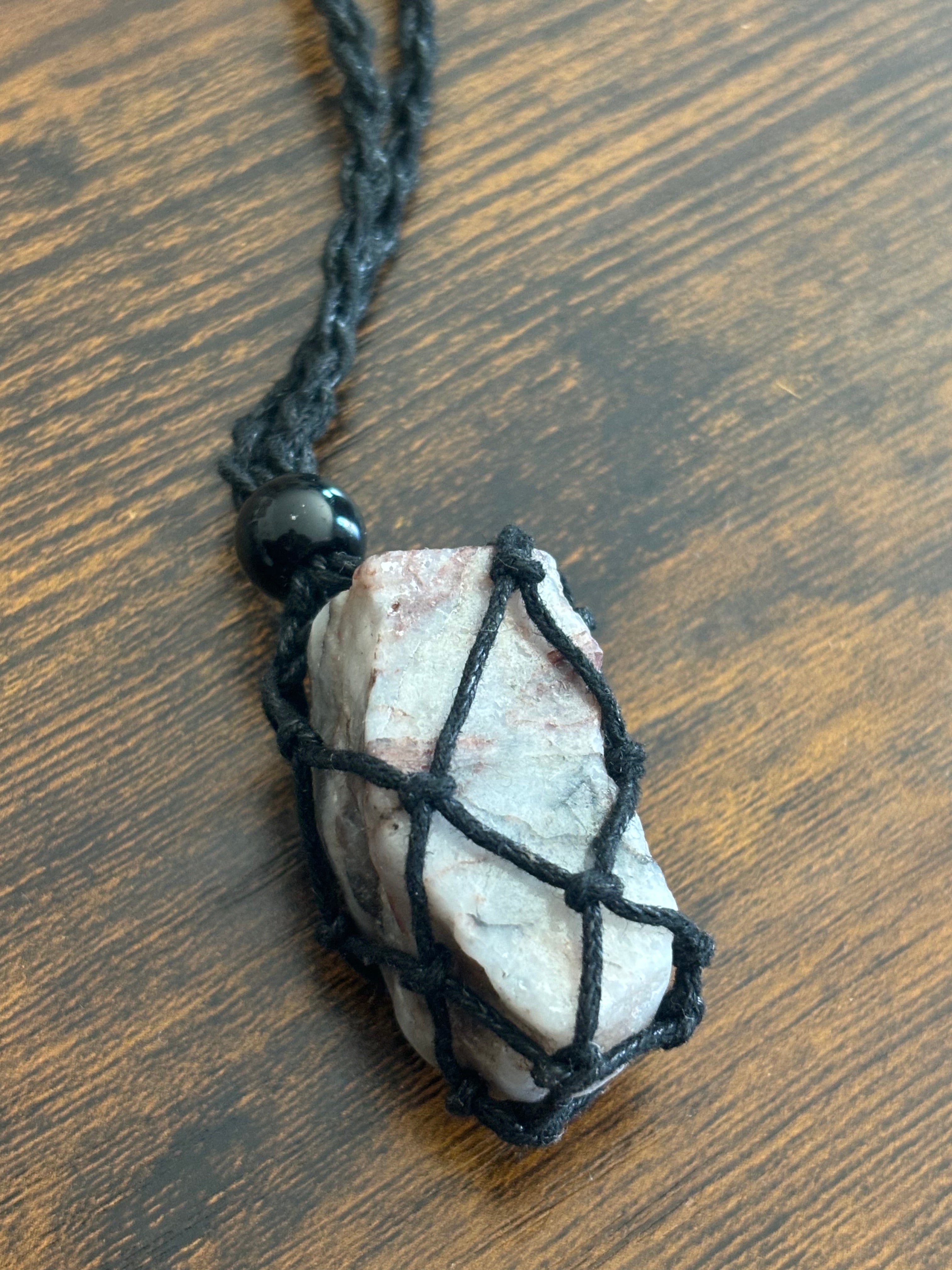 Woven Rope Necklace Black- Cloudy Rose and Black veined Quartz