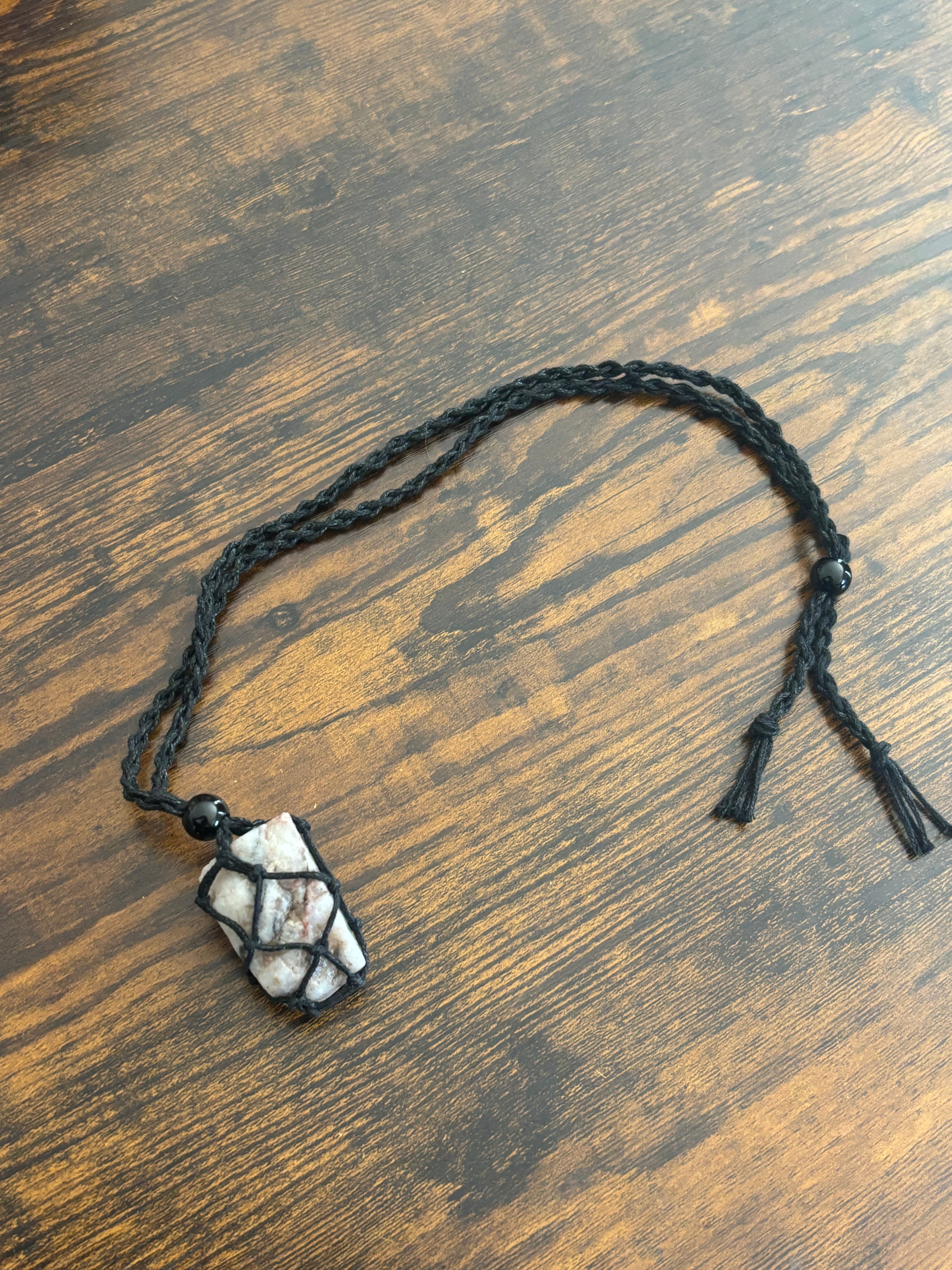 Woven Rope Necklace Black- Cloudy Rose and Black veined Quartz