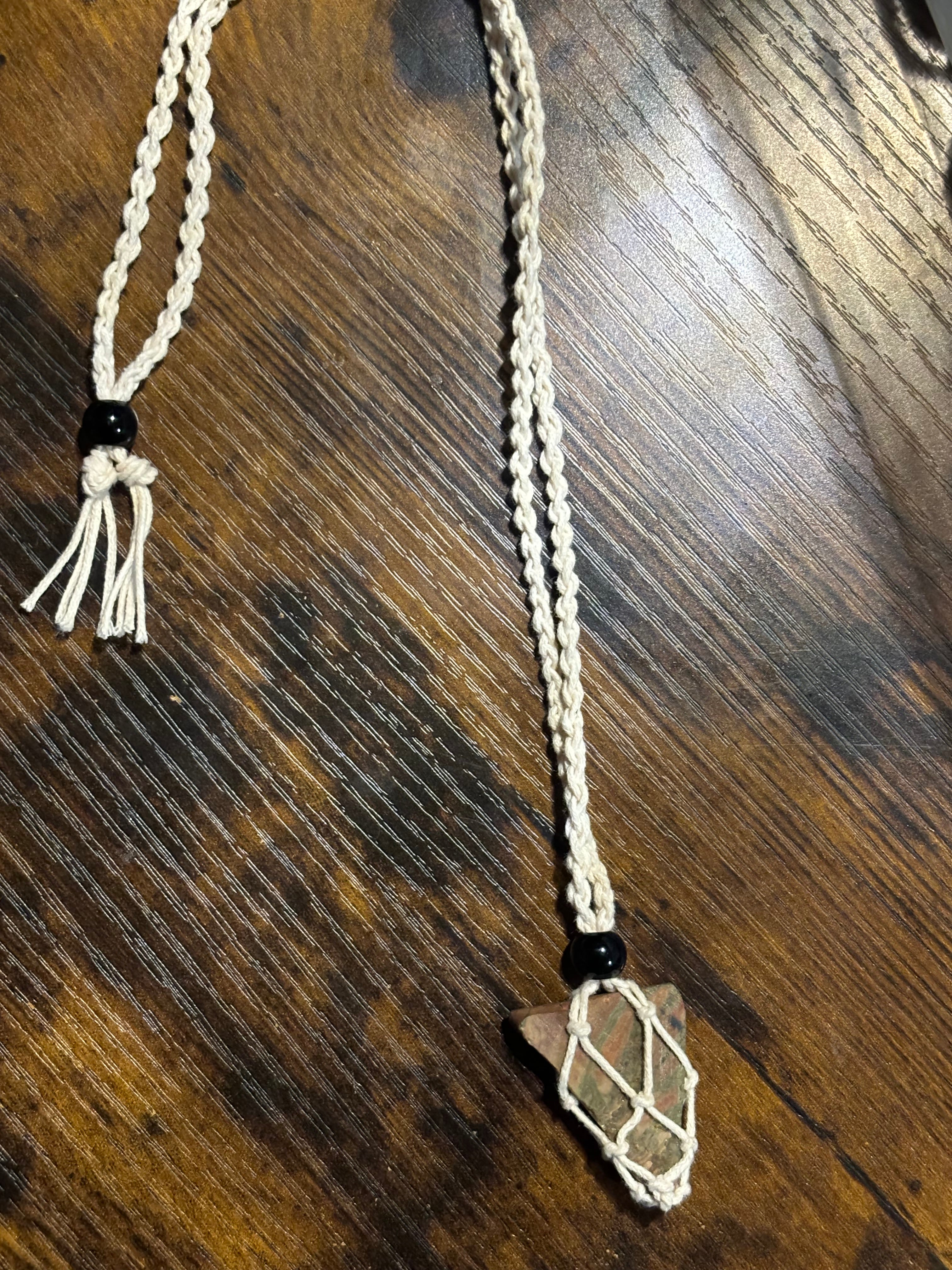 Woven Rope Necklace White- Green Jade Matrix Serpentine