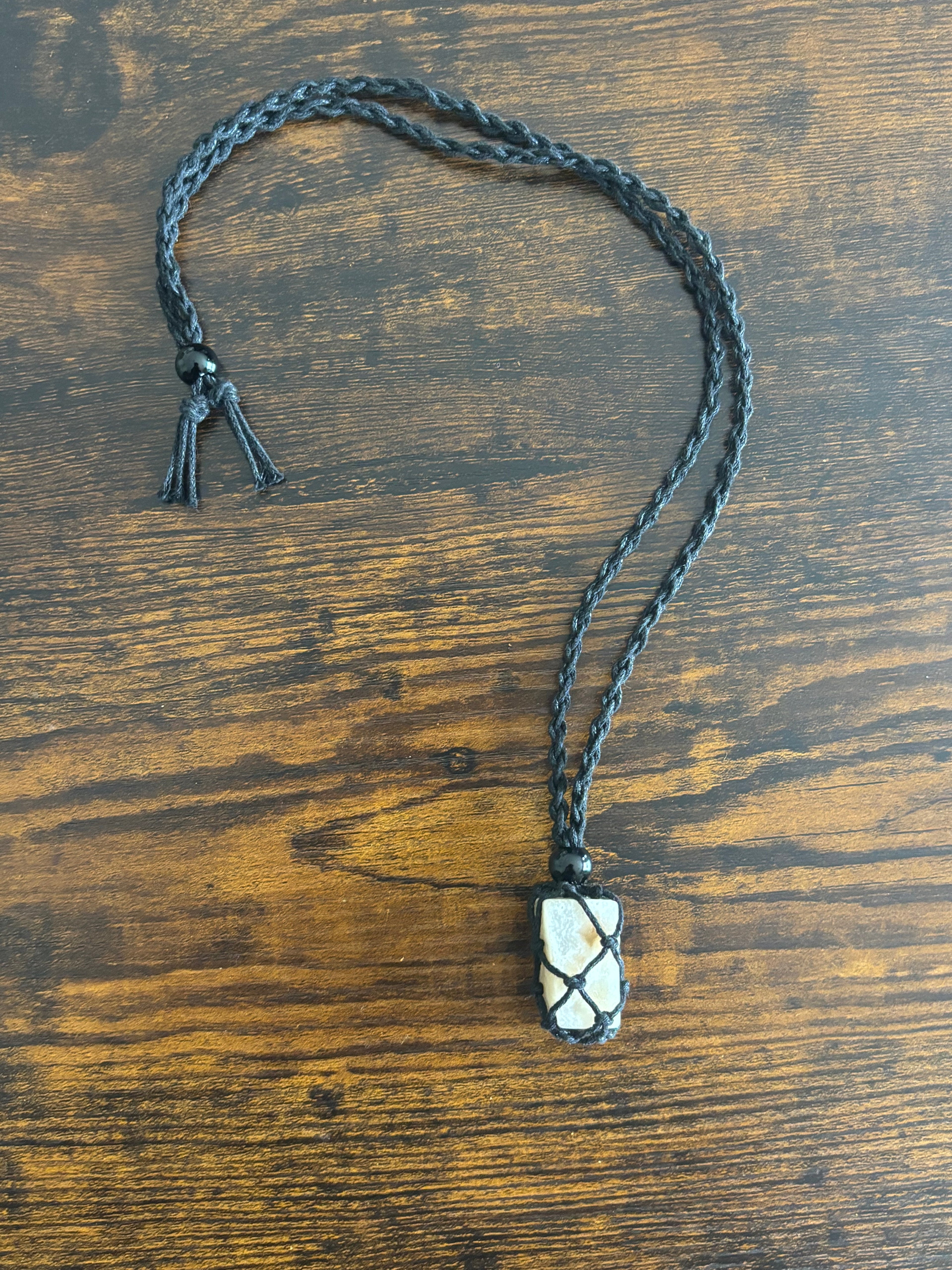 Woven Rope Necklace Black- White Quartz
