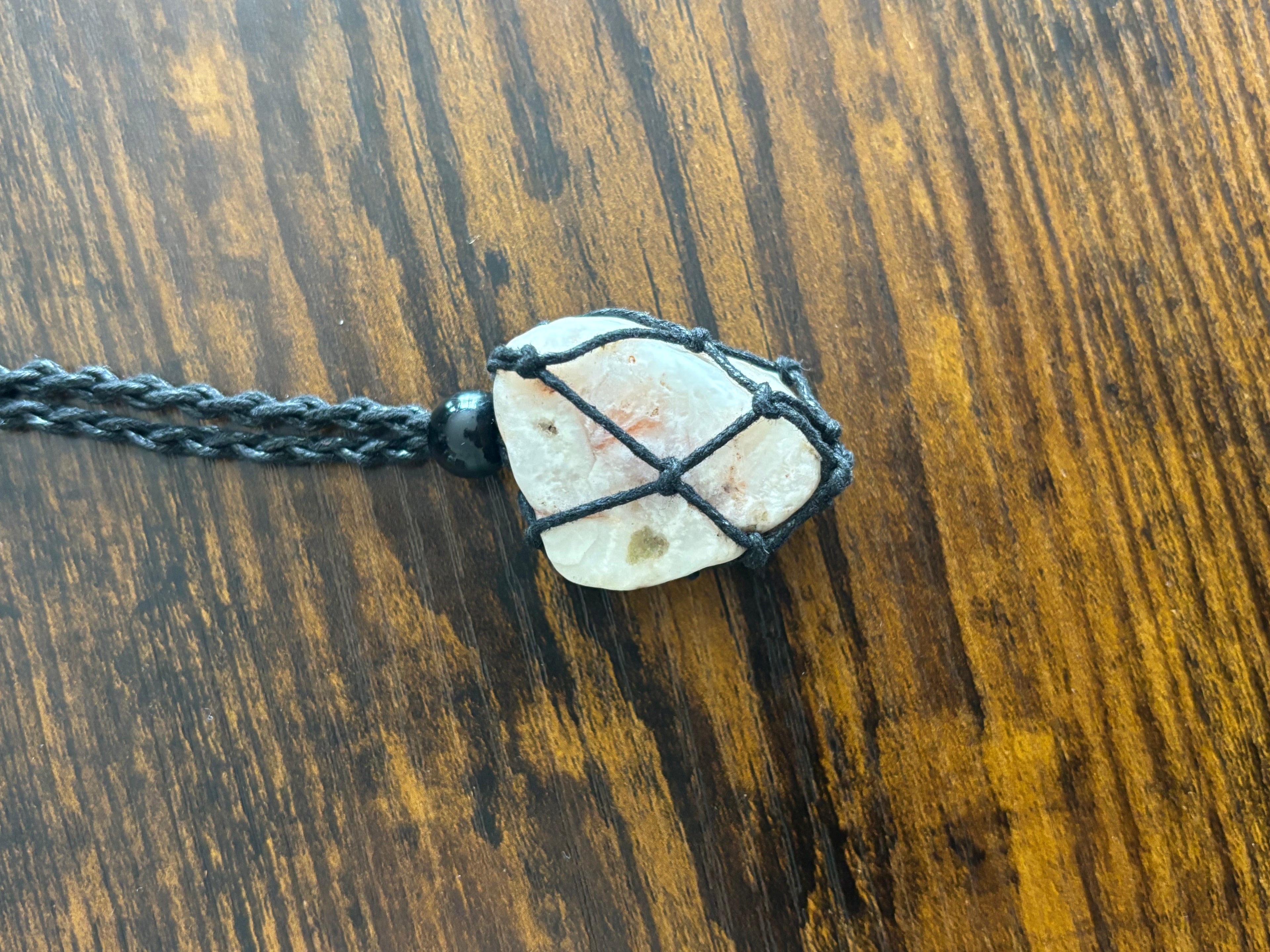 Woven Rope Necklace Black-Rose Veined White Quartz