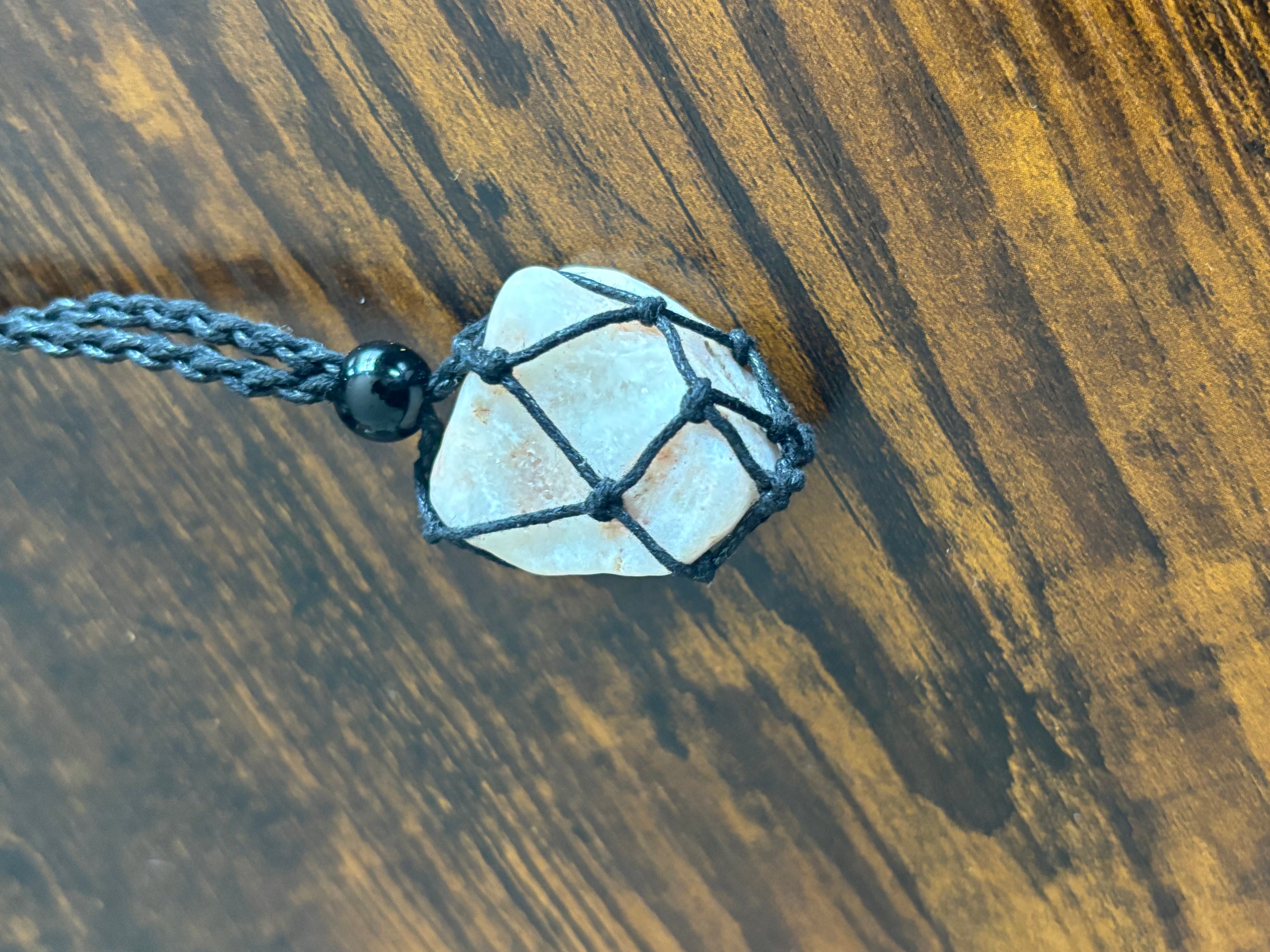 Woven Rope Necklace Black-Rose Veined White Quartz