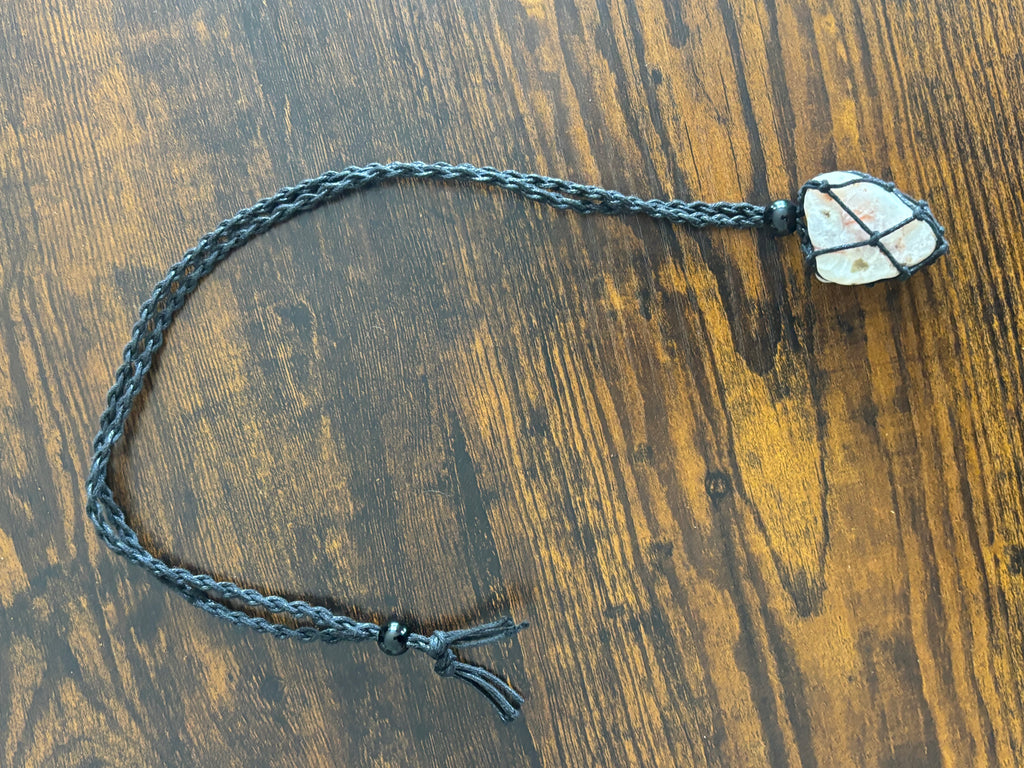 Woven Rope Necklace Black-Rose Veined White Quartz