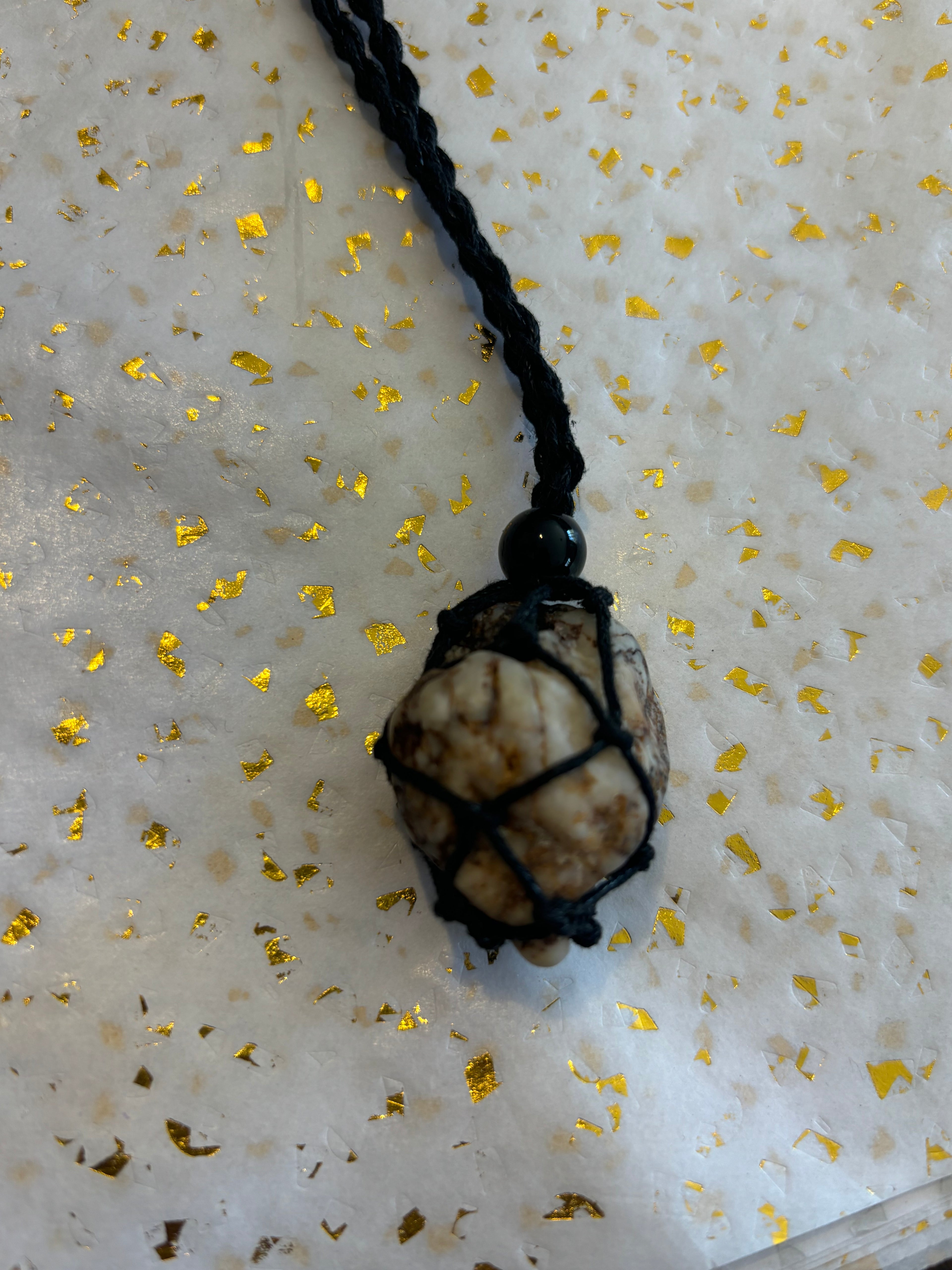 Woven Rope Necklace Black- Gold Veined Cave Coral