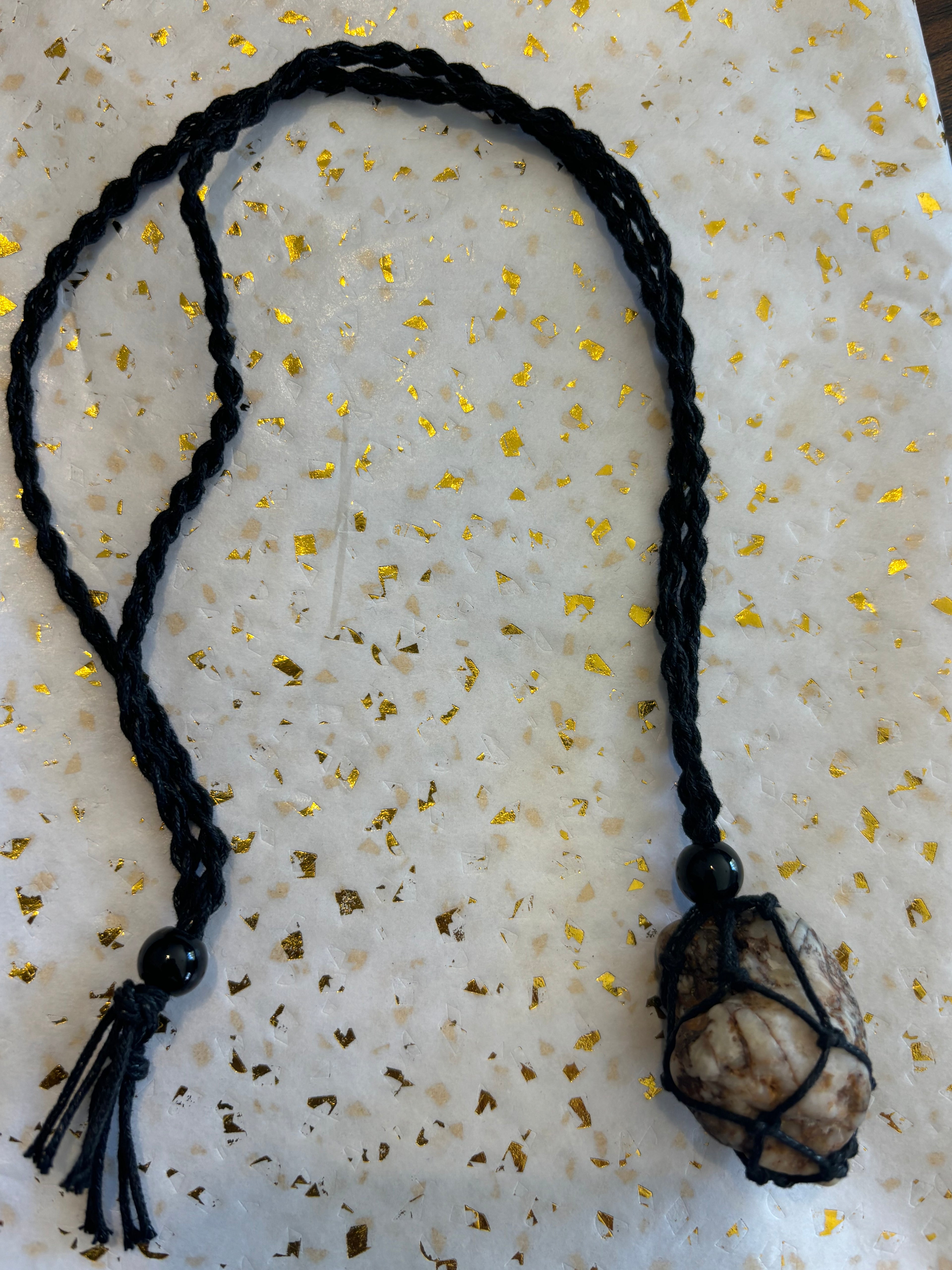 Woven Rope Necklace Black- Gold Veined Cave Coral