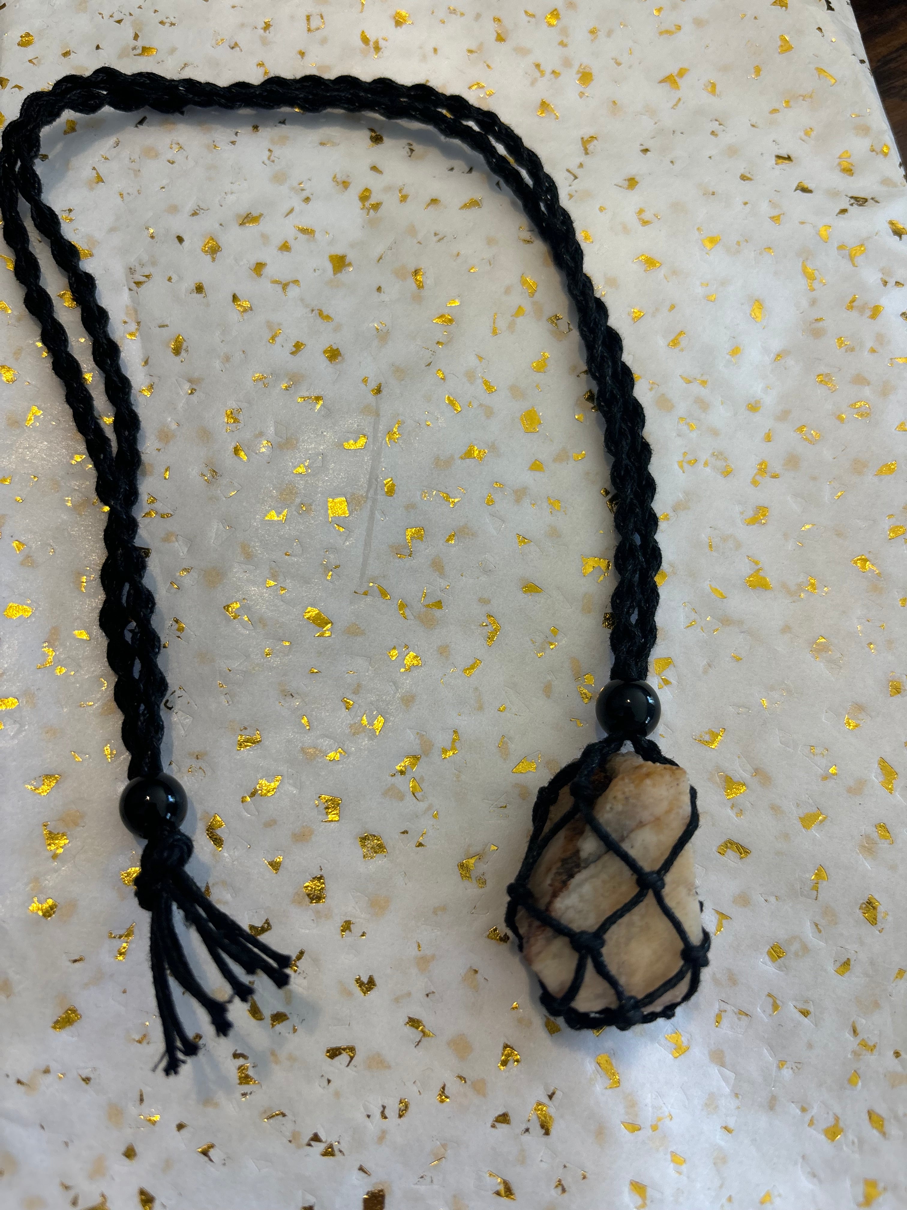 Woven Rope Necklace Black- Gold Veined Cave Coral