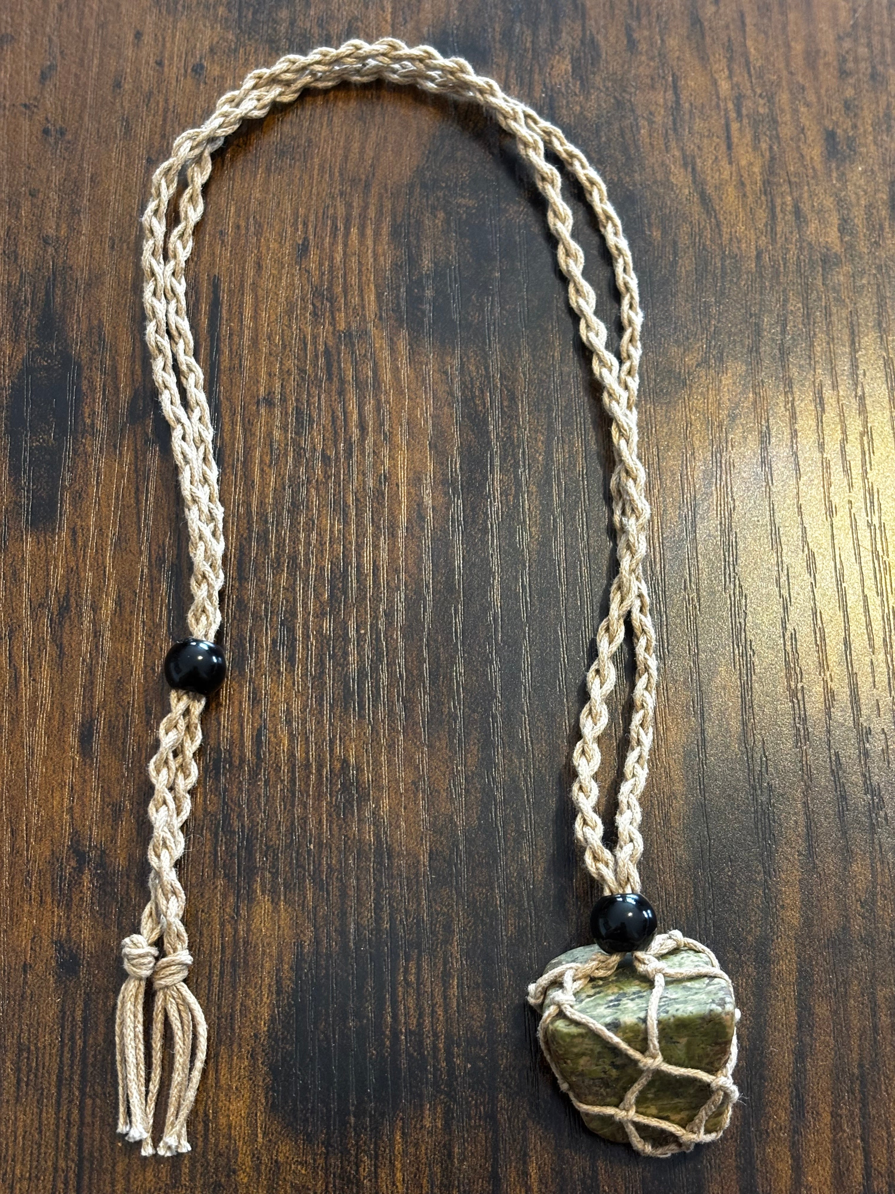 Woven Rope Necklace Tan- Green Jade Matrix Serpentine
