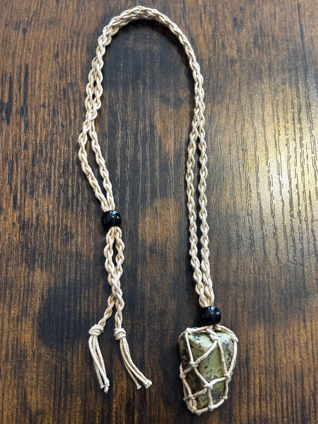 Woven Rope Necklace Tan- Green Jade Matrix Serpentine