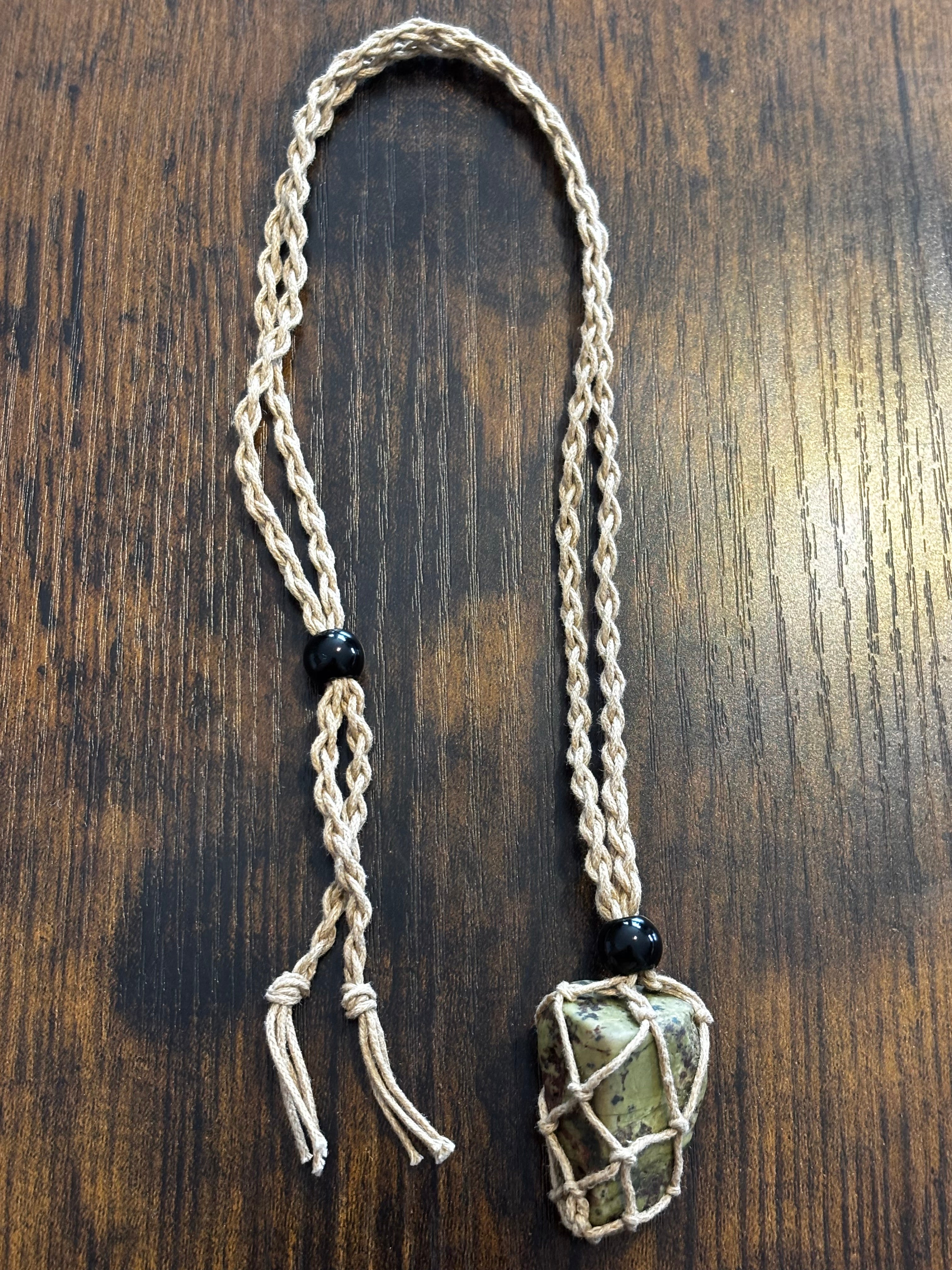 Woven Rope Necklace Tan- Green Jade Matrix Serpentine