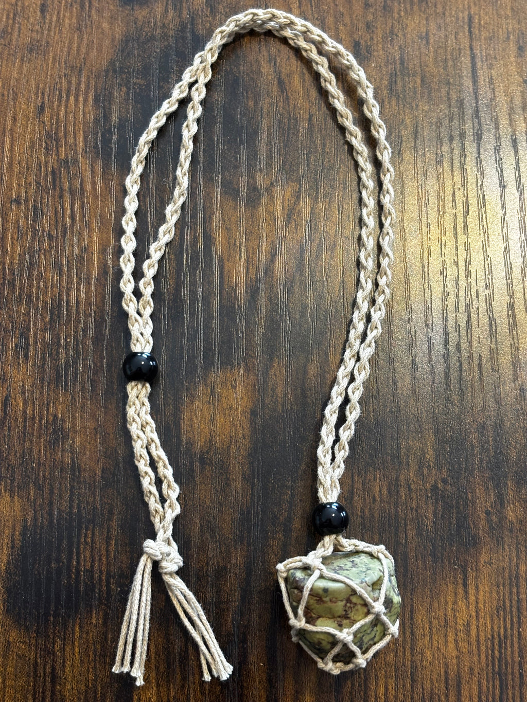 Woven Rope Necklace Tan- Green Jade Matrix Serpentine